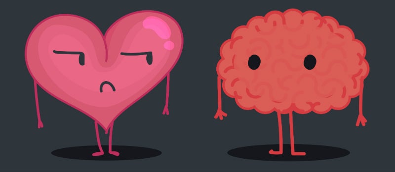 An illustration of a heart and a brain "standing" next to each other.