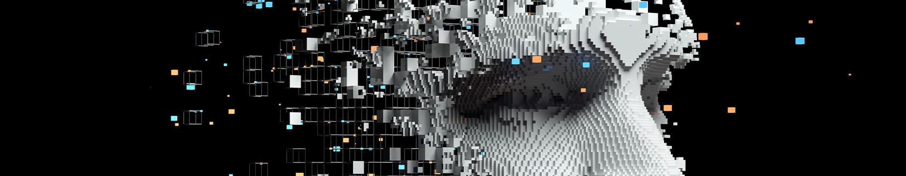 A man's face constructed from colourful blocks, showcasing a unique and abstract design.