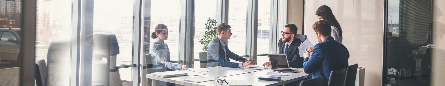 A group of business professionals engaged in discussion at a table, with a large window providing natural light behind them.