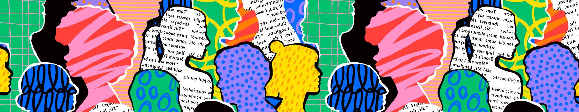 A vibrant pattern featuring diverse individuals in various shapes and colors, showcasing unity in diversity.