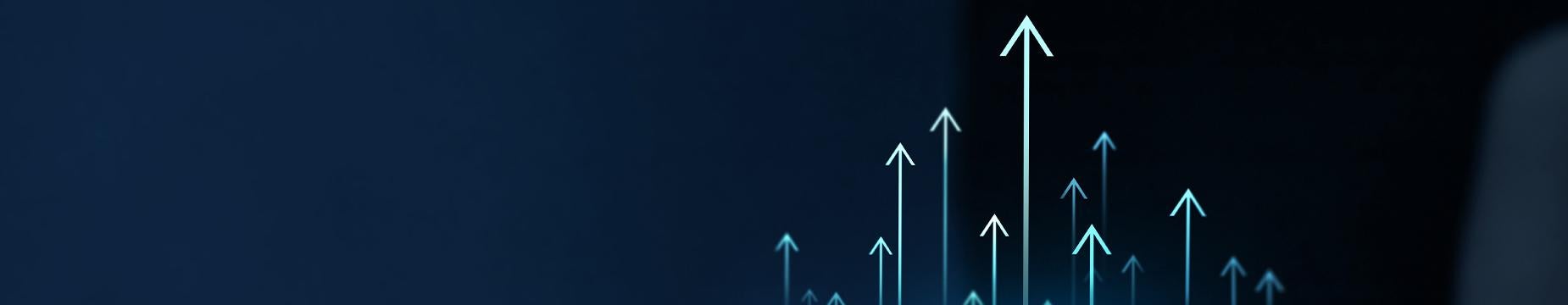 Businessman presenting a glowing arrow chart, symbolizing significant business growth and success in a professional setting.