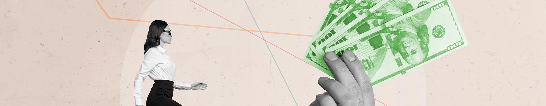 A woman ascends stairs while holding a stack of money in her hand, symbolizing ambition and financial success.