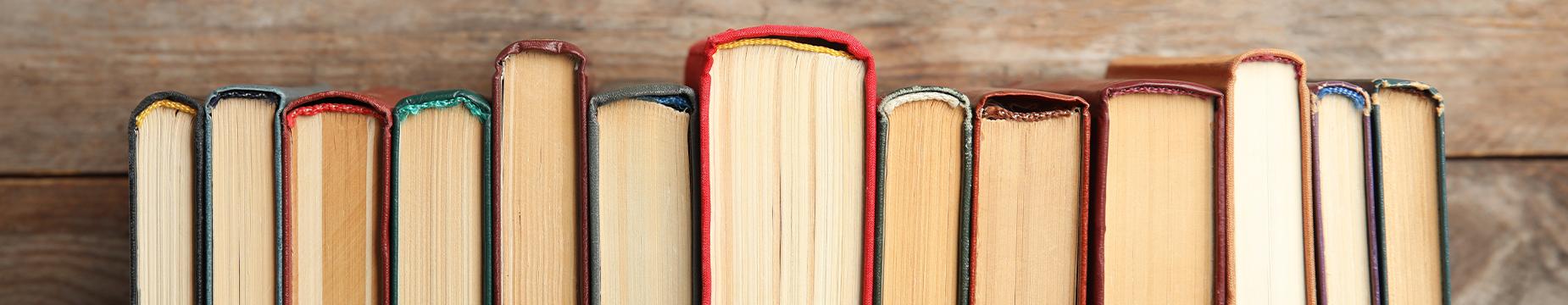 A row of colorful books neatly arranged on a polished wooden table, showcasing their spines and titles.