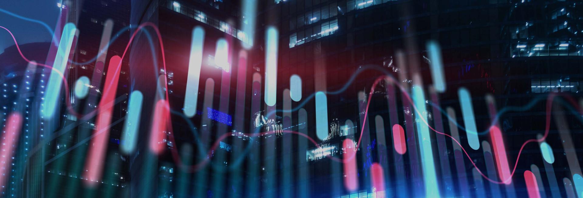 A city skyline featuring tall buildings alongside a stock market graph, symbolizing economic growth and urban development.