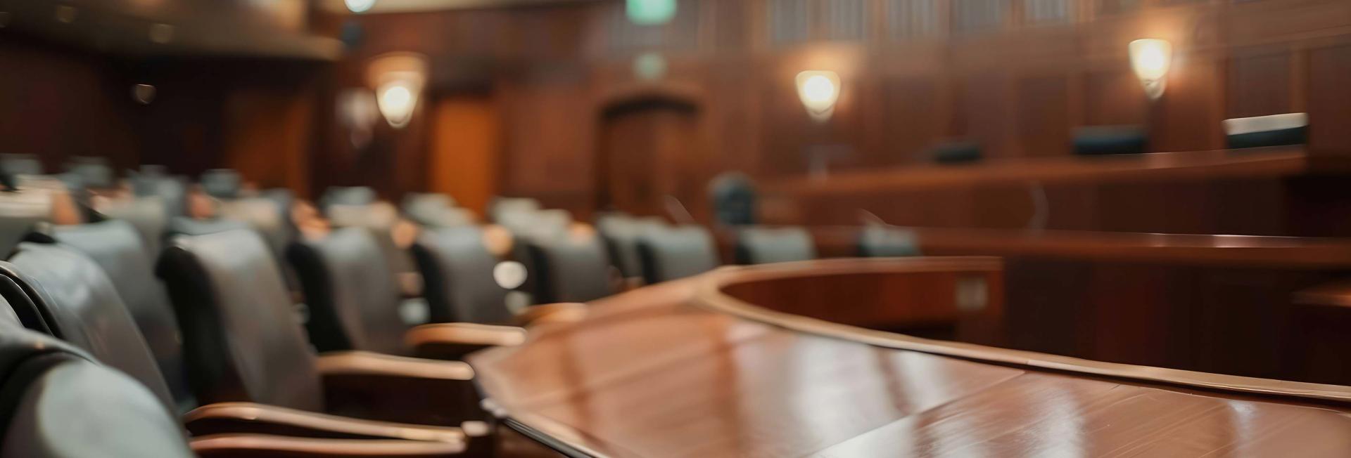 A courtroom featuring rows of chairs and a central wooden table, designed for legal proceedings and discussions.