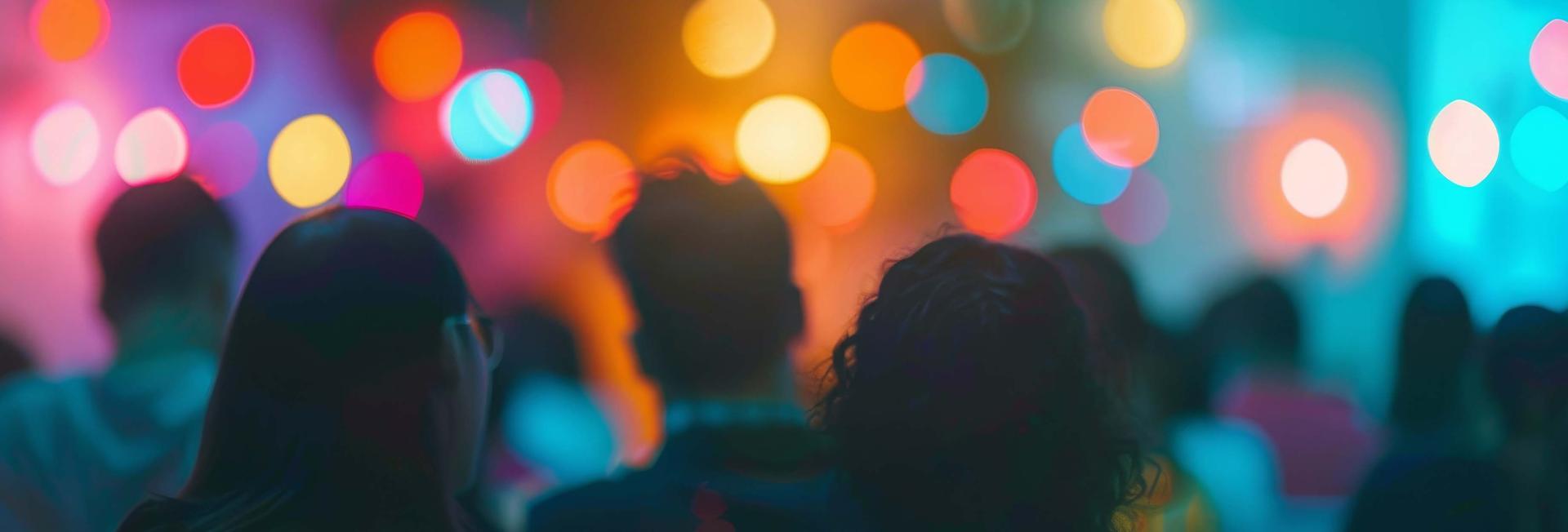 A diverse crowd gathers, illuminated by vibrant, colorful lights in a festive atmosphere.