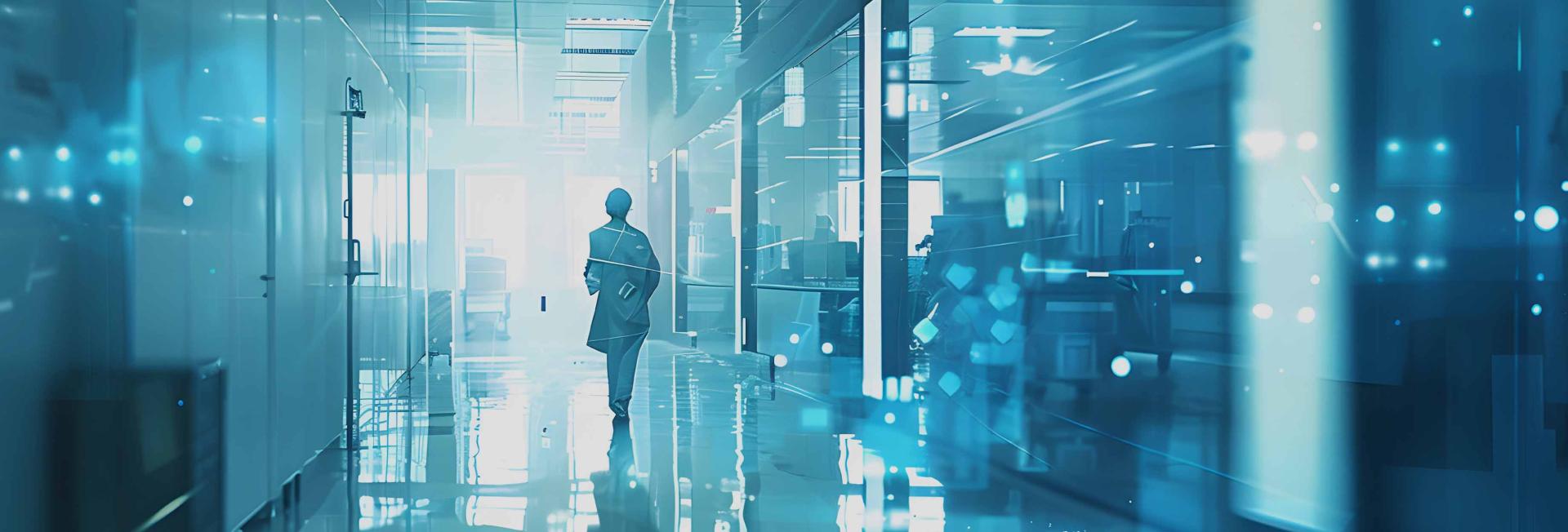 A person walks through a dimly lit hallway illuminated by vibrant blue lights.