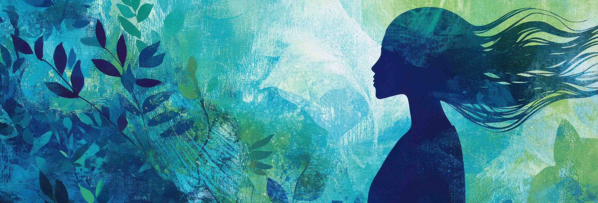 A painting depicting a woman with long hair flowing gracefully in the wind, capturing a sense of freedom and movement.