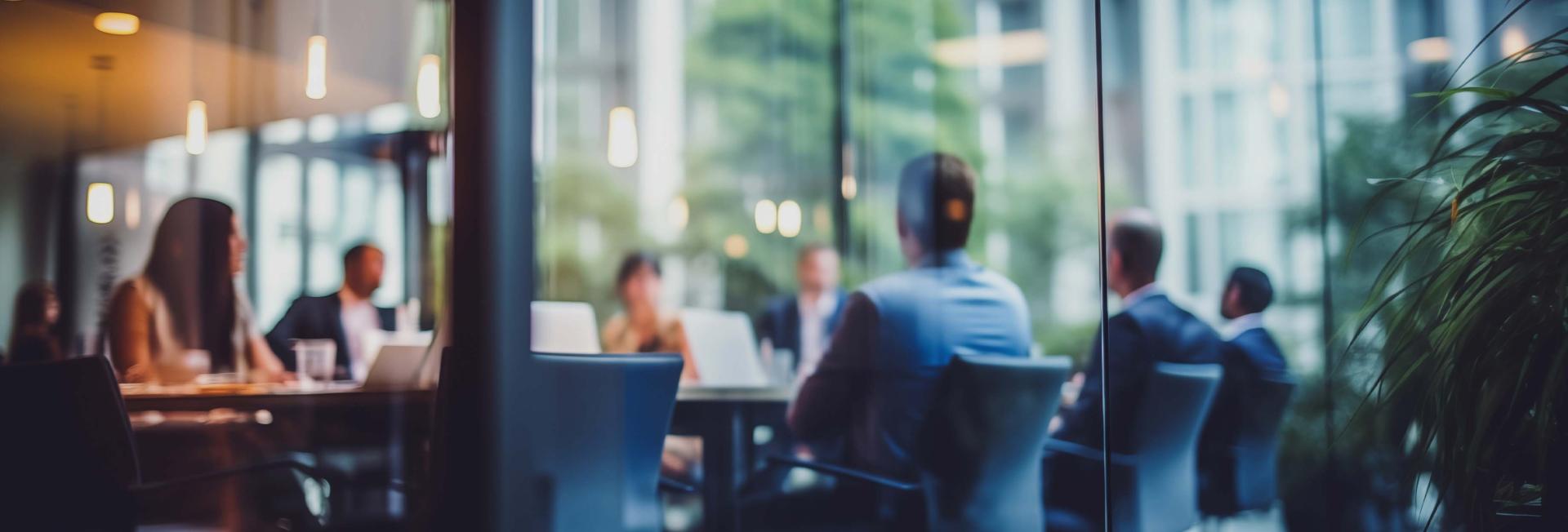 Blurry image depicting individuals seated around a table in a meeting room, engaged in discussion.