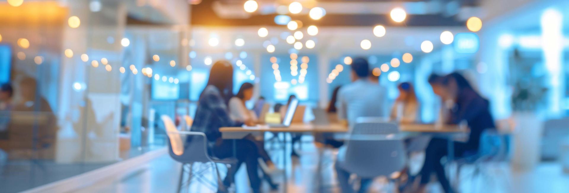 A group of individuals engaged in discussion while seated around a table in a conference room setting.