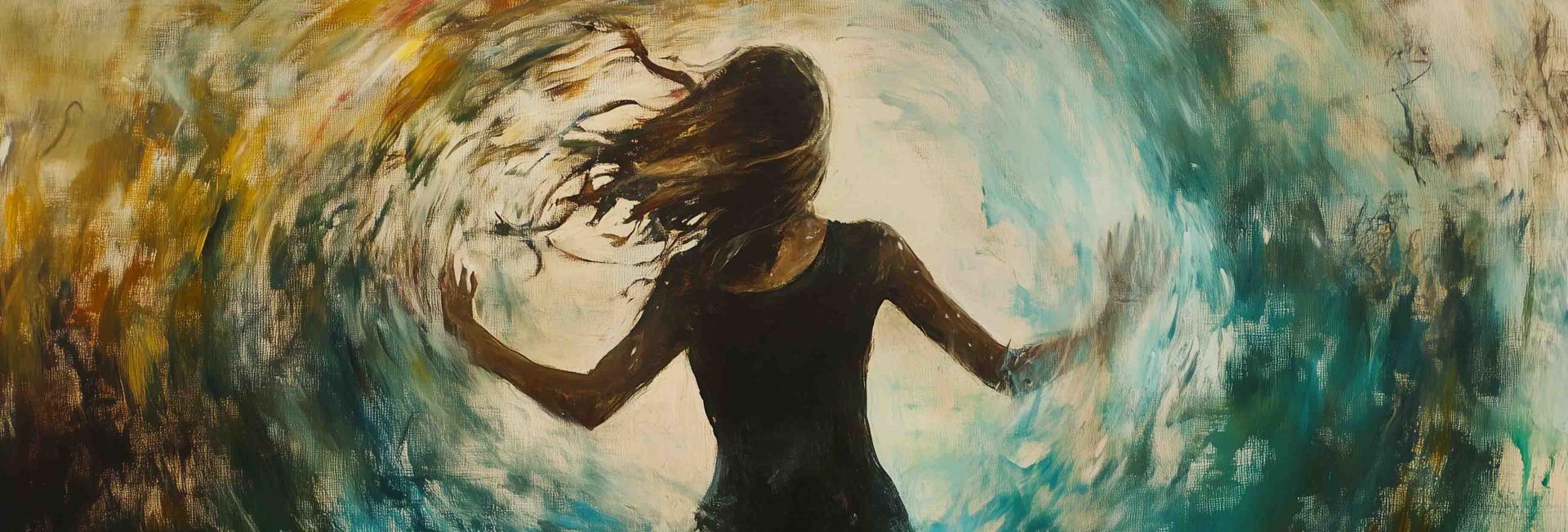 A painting depicting a woman gracefully standing amidst a powerful wave, embodying strength and serenity in nature.