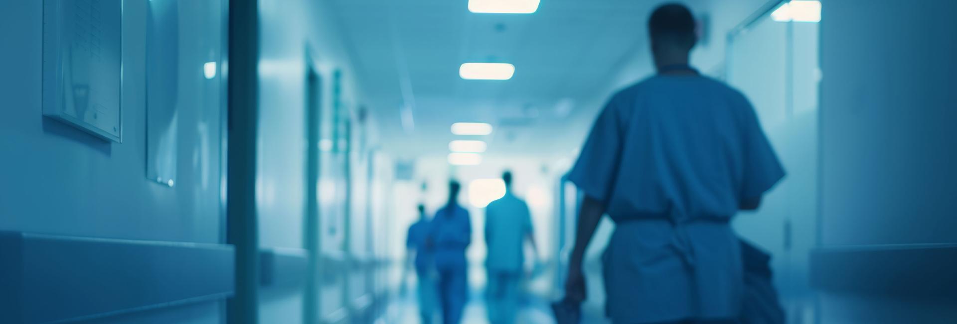 Blurry image depicting individuals walking through a hallway, creating a sense of movement and activity.