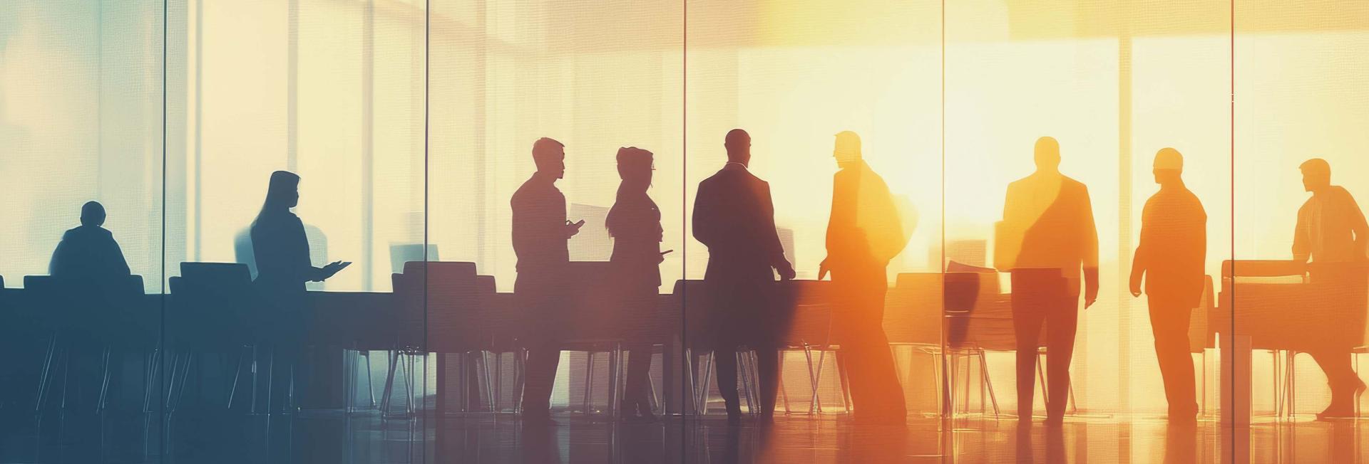 Silhouettes of diverse business professionals engaged in discussion within a modern office environment.