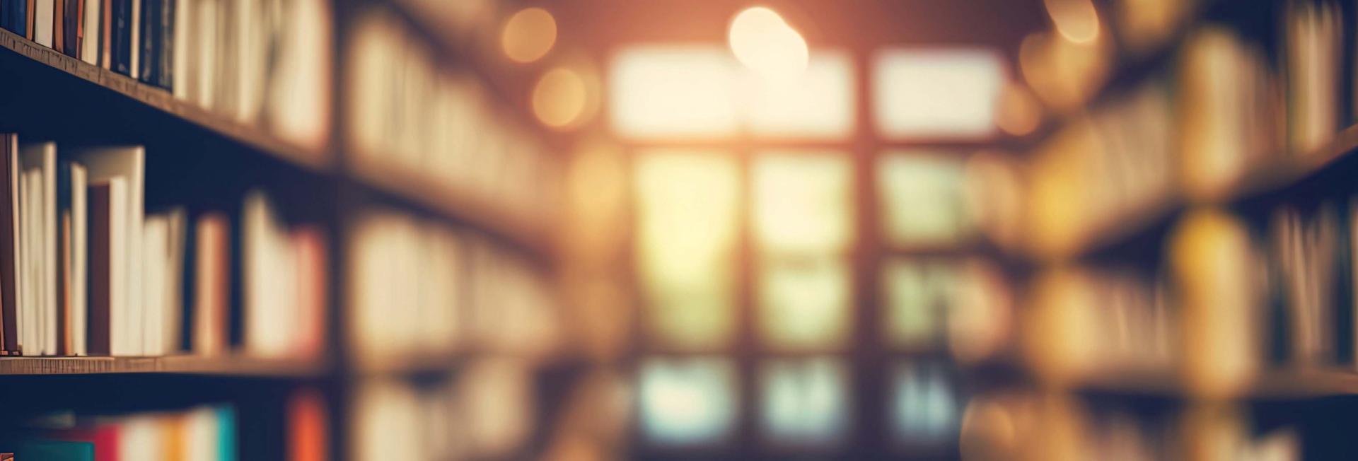 A collection of books neatly arranged on a wooden shelf in a quiet library setting.