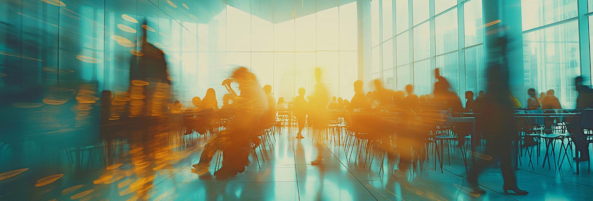 A blurry image depicting a crowd of people gathered in a spacious room, creating a sense of activity and movement.