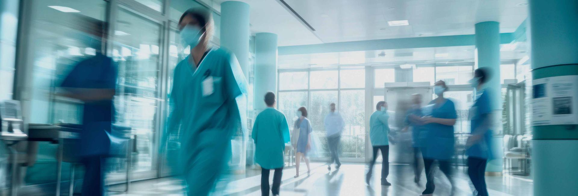 Blurry image depicting individuals walking through a hospital hallway, conveying a sense of movement and activity.