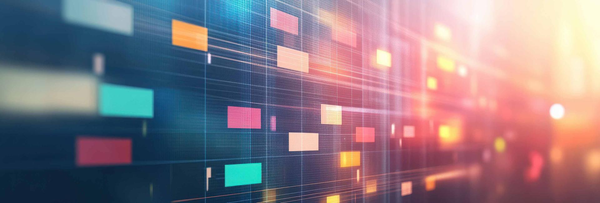 A blurred, colorful background featuring numerous squares in various hues, creating an abstract visual effect.