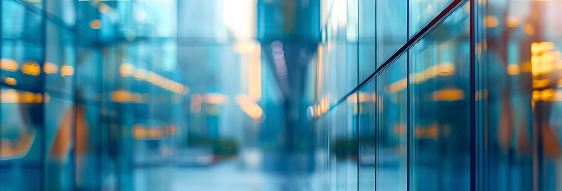 Abstract blurred image of a building illuminated by lights, creating a soft and dreamy visual effect.