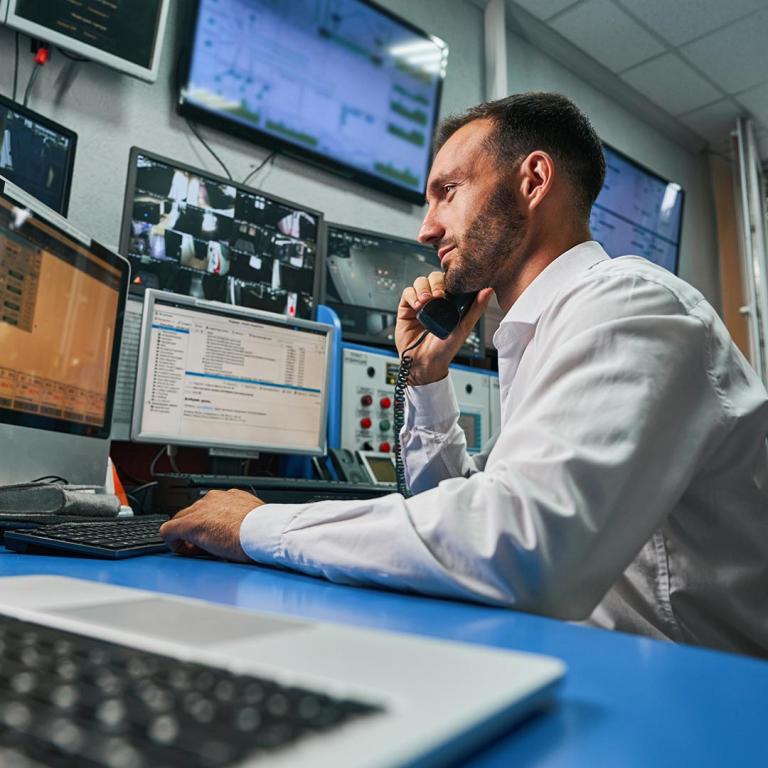 A man seated at a desk, engaged in a conversation on the phone, with a focused expression on his face.
