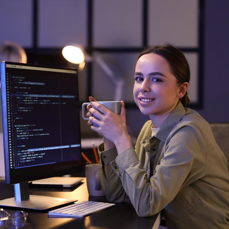 A woman seated at a desk, enjoying a cup of coffee while working or studying in a cozy environment.