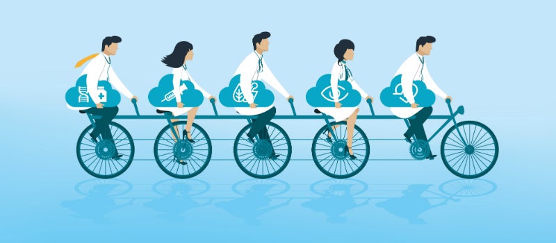 Illustration of doctors on a tandem carrying clouds filled with key medical symbols. 