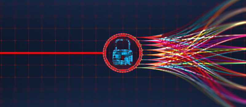 An image of a padlock in multiple layers of coloured lights.